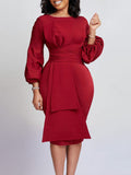 Lantern Sleeve Asymmetrical Bodycon Midi Dresses