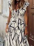 Geometric Print V-Neck Ruffle Hem Maxi Dress