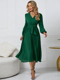 Long Sleeve Pleated Belted Midi Dresses