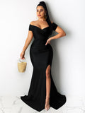 V Neck Wrap Ruched Split Maxi Dresses