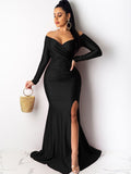 Off Shoulder Long Sleeves Split Maxi Dresses