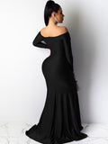 Off Shoulder Long Sleeves Split Maxi Dresses