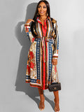 Long Sleeves Totem Pattern Belted Midi Dresses