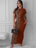 Short Sleeve Leopard Printed Patchwork Maxi Dress