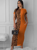 Short Sleeve Leopard Printed Patchwork Maxi Dress
