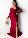 Off Shoulder Long Sleeves Split Maxi Dresses