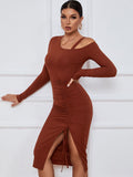 One Shoulder Ribbed Knit Drawstring Slit Midi Dresses