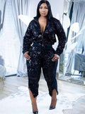 Two Piece Sequin Patchwork Jacket & Capri Pants Sets