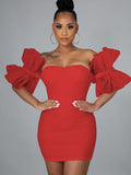 Ruffle Sleeves Ruched Bodycon Mini Dresses