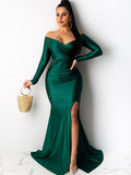 Off Shoulder Long Sleeves Split Maxi Dresses