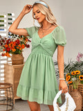 V Neck Short Puff Sleeve Ruched Mini Dresses