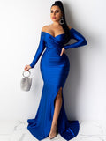 Off Shoulder Long Sleeves Split Maxi Dresses