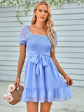 V Neck Short Puff Sleeve Ruched Mini Dresses