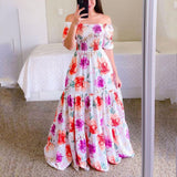 One Shoulder Floral Exposed Shoulder Long Printed Skirt