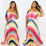 Off Shoulder Colorful Ombre Pleated Maxi Dresses