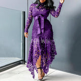 Plus Size Lace Cutout Long Sleeve Stand Collar Lace Up Dress