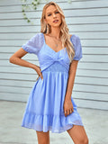 V Neck Short Puff Sleeve Ruched Mini Dresses