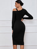 One Shoulder Ribbed Knit Drawstring Slit Midi Dresses