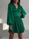 Long Sleeve V Neck Pleated Mini Dresses