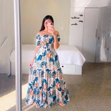 One Shoulder Floral Exposed Shoulder Long Printed Skirt