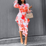 Printed Ruffled Hip-Hugging One-Step Dresses