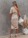 One Shoulder Satin Asymmetrical Hem Midi Dresses