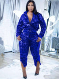 Two Piece Sequin Patchwork Jacket & Capri Pants Sets