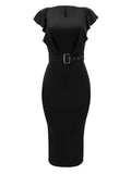 V-Neck Ruffle Sleeve Bodycon Dress