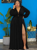 Long Sleeve Lace Up Split Maxi Dresses