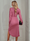 Long Sleeve V Neck Ruched Split Bodycon Midi Dresses