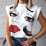 Cool Face Print Round Neck Off Shoulder Long Sleeve T-Shirt