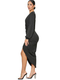 Long Sleeves Ruched Asymmetrical Midi Dresses