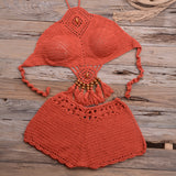 Fringe High Waist Crochet High Neck Bikini Two Piece Swimsuit