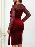 Velvet Lace Patchwork Long Sleeve Midi Dresses