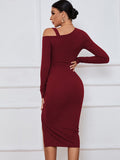 One Shoulder Ribbed Knit Drawstring Slit Midi Dresses