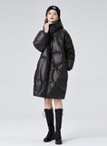 Black Glossy Thick Loose Hooded White Duck Down Coat