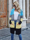 Contrast Color Loose Mid-Length Pocket Knitted Cardigan