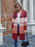 Contrast Color Loose Mid-Length Pocket Knitted Cardigan