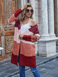 Contrast Color Loose Mid-Length Pocket Knitted Cardigan