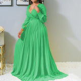 Large Size Deep V Cross Solid Color Pleated Swing Dresses