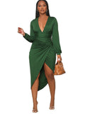 Long Sleeves Ruched Asymmetrical Midi Dresses