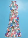 Floral Print Sleeveless Cut Out Mermaid Dress