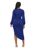 Deep V Neck Long Sleeve Ruched Midi Dresses