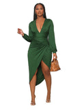 Deep V Neck Long Sleeve Ruched Midi Dresses