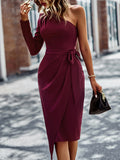 Off Shoulder Long Sleeve Ruched Solid Color Midi Dresses