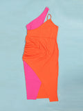 Plus Size Color Block Strappy Asymmetric Midi Dress