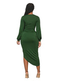 Deep V Neck Long Sleeve Ruched Midi Dresses