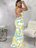 Strappy Back U-Neck Floral Print Fishtail Maxi Dress