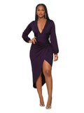 Deep V Neck Long Sleeve Ruched Midi Dresses