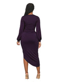 Deep V Neck Long Sleeve Ruched Midi Dresses